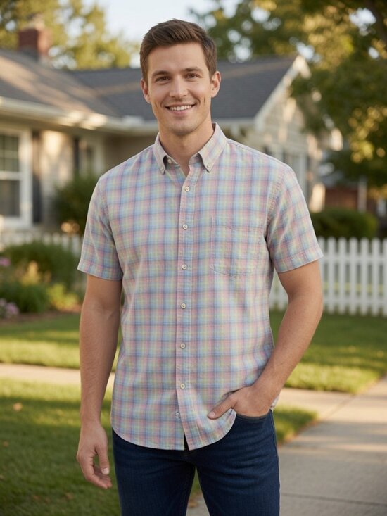 Alan Flusser Other - Alan Flusser Men’s Medium Pastel Multicolor Plaid Short Sleeve Button Down Shirt